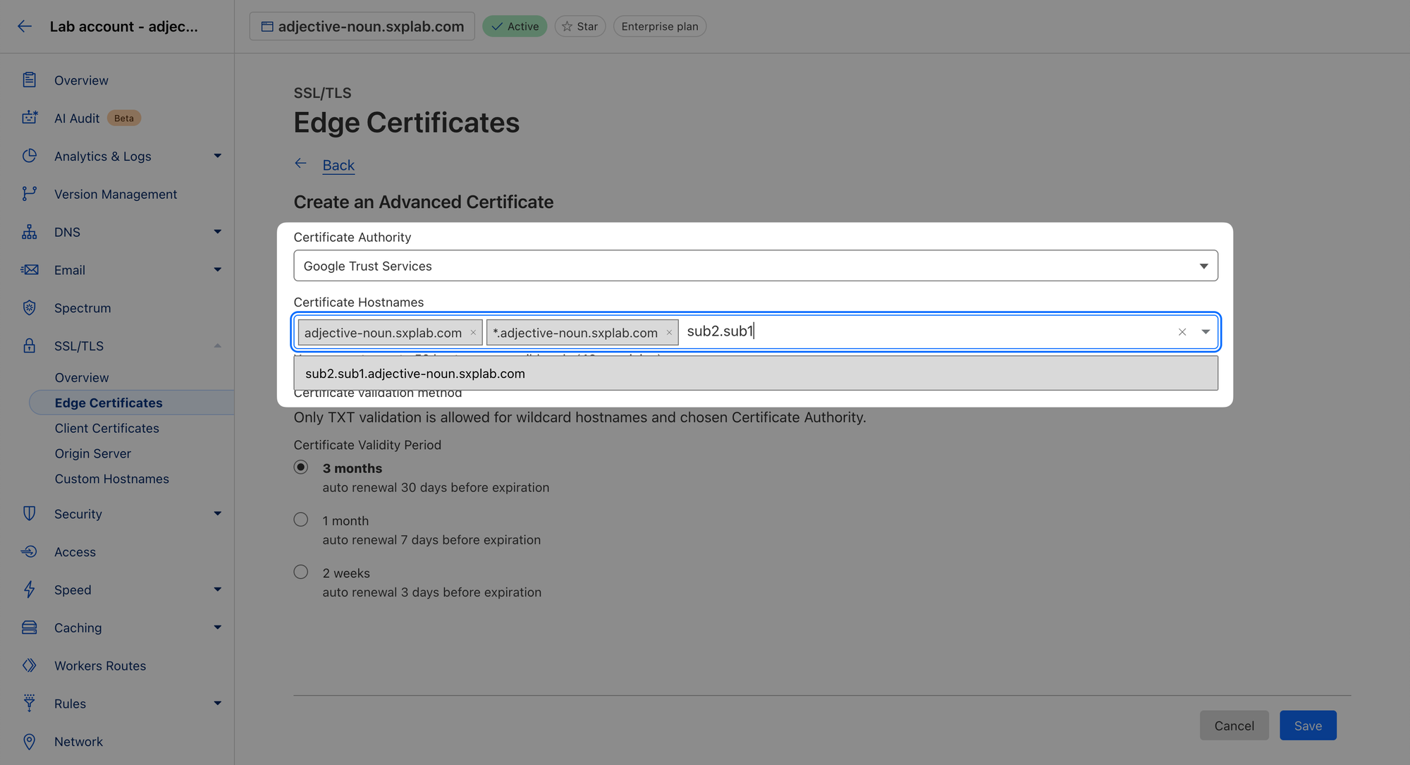 Certificate Hostnames 입력